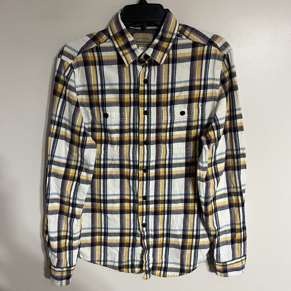 Roebuck & Co White Yellow Plaid Collared Button Down Flannel Shirt‎ Size Medium